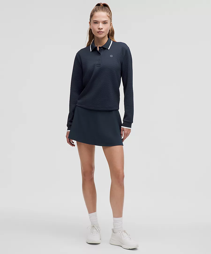 Textured Long-Sleeve Tennis Polo - True Navy/White
