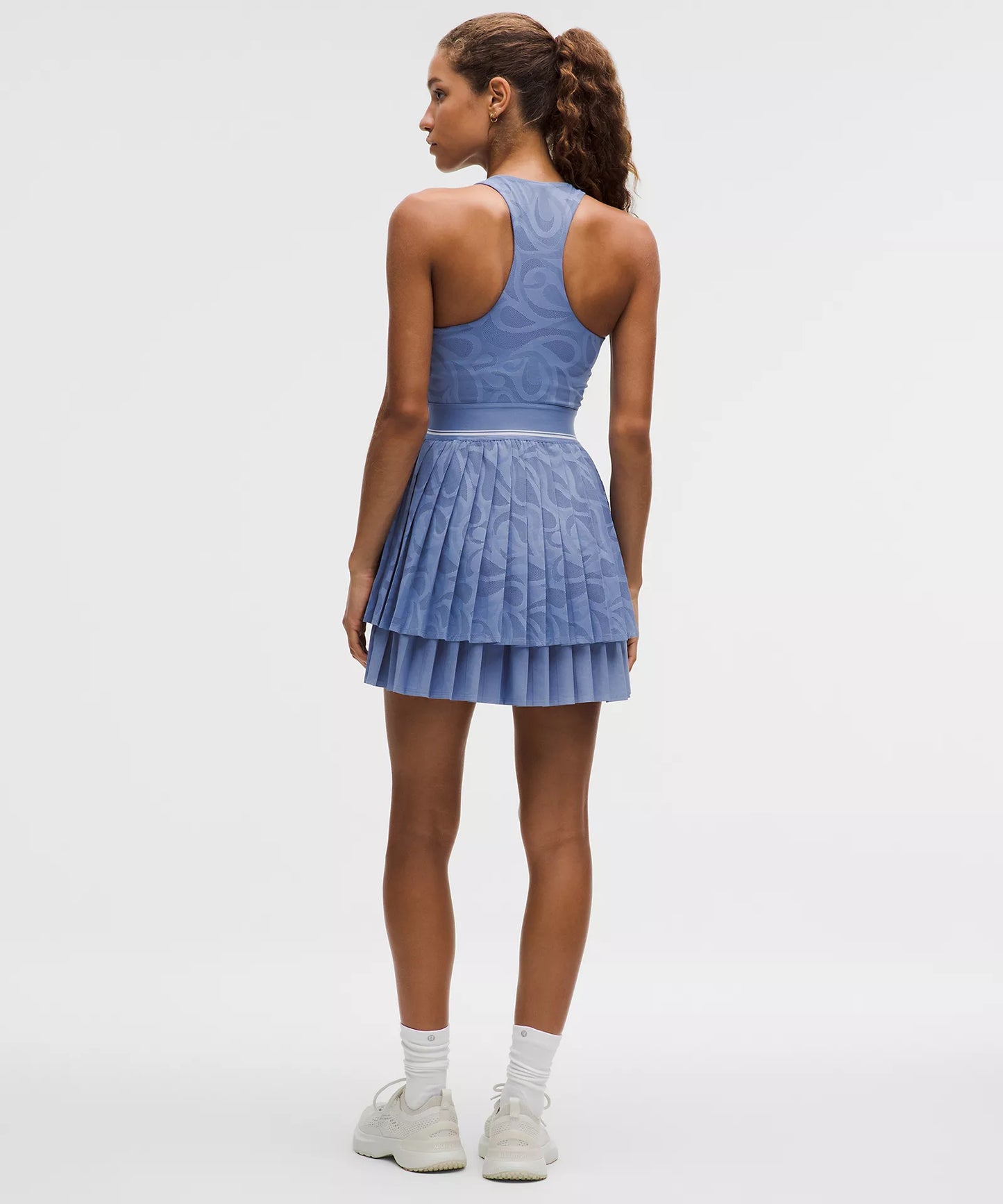 Paisley-Mesh Pleated Tennis Dress - Prep Blue/White