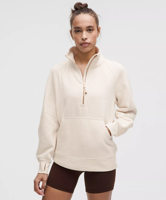 Scuba Oversized Funnel-Neck Half Zip Long - Heathered Light Ivory/Gold