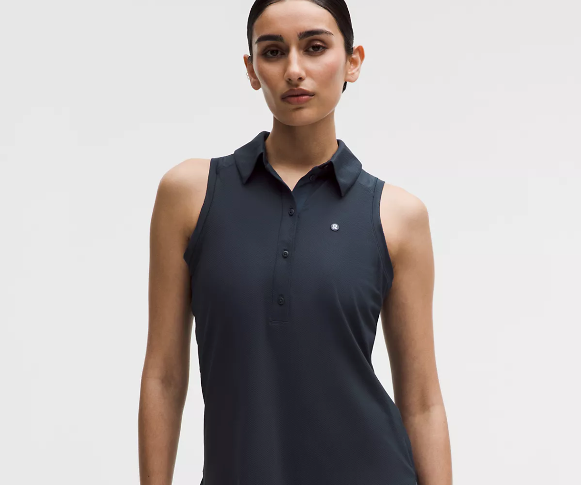 Quick-Dry Sleeveless Polo Shirt Straight Hem *Stitched Logo Navy