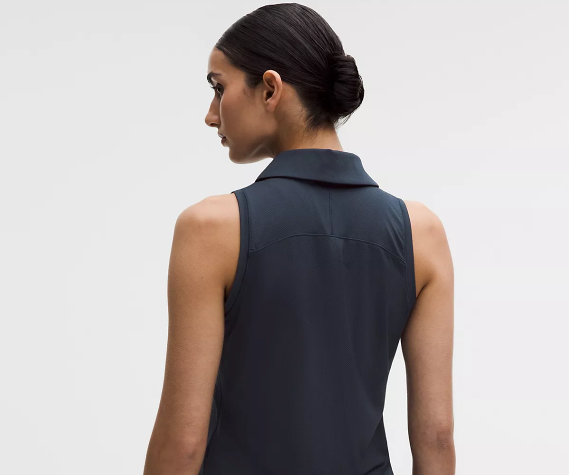 Quick-Dry Sleeveless Polo Shirt Straight Hem *Stitched Logo Navy